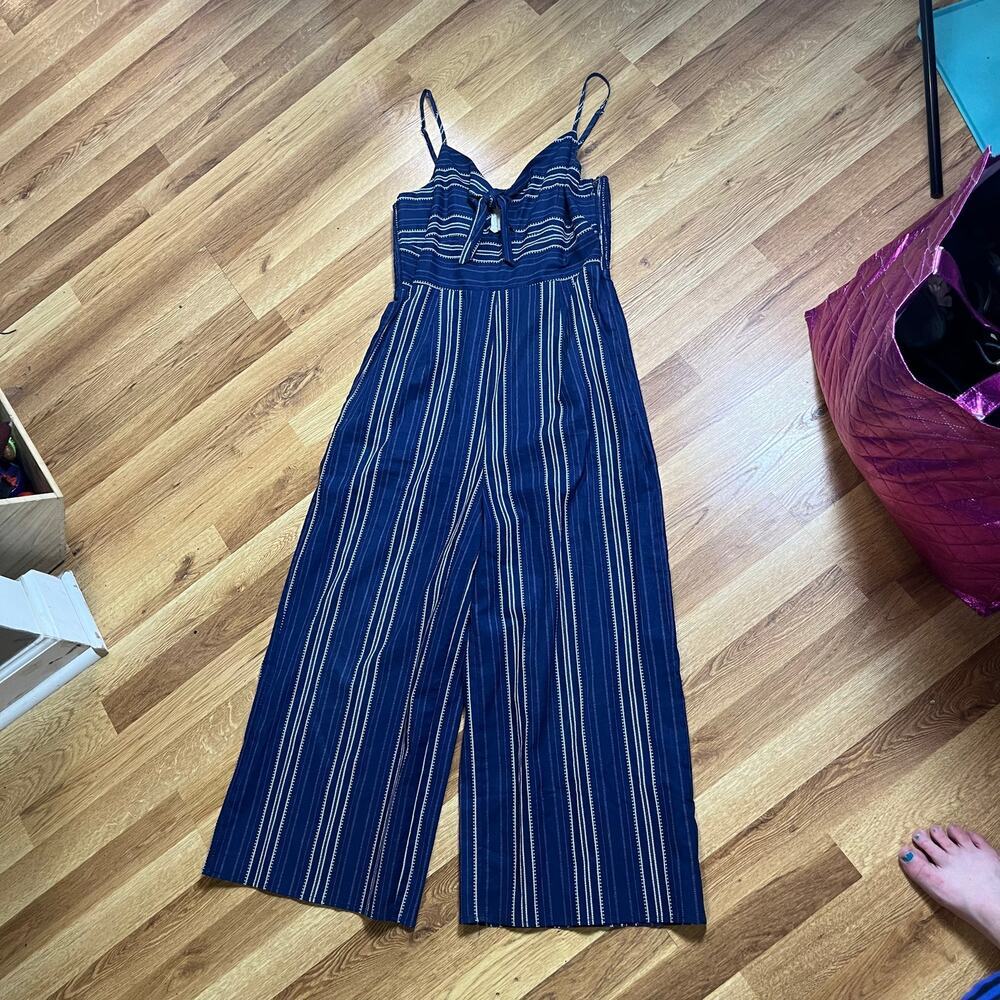 Harper Heritage Blue Linen Striped Jumpsuit Large Wide Leg - Picture 3 of 4